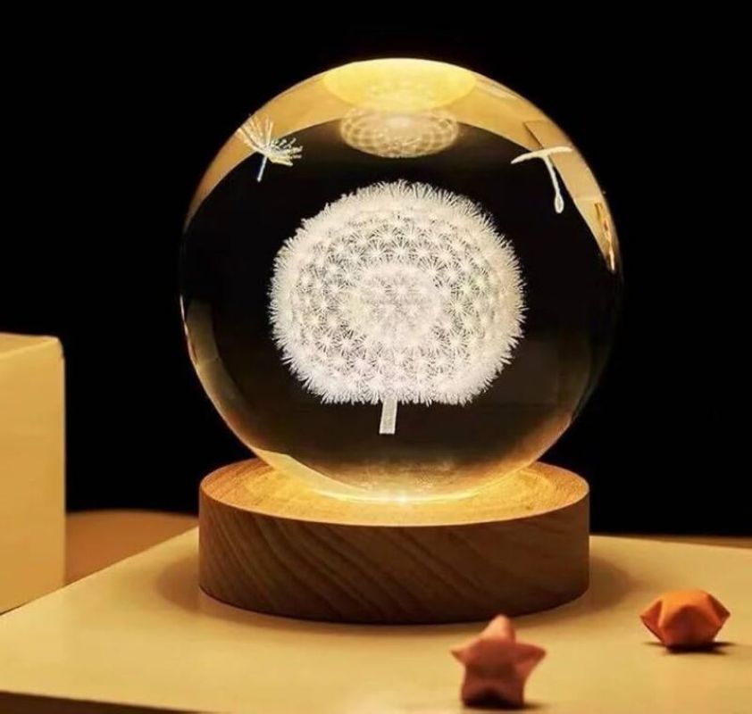3D Dandelion Crystal Ball Night Lamp with 7-Color LED Base